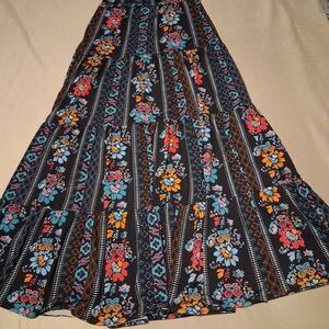 KAIYA- PLAZZO Floral Maxi Skirt in Black and Multicolor